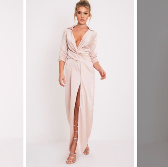 champagne strappy thigh split maxi dress